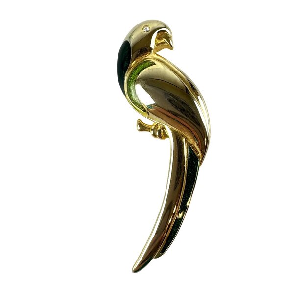 Liz Claiborne Gold Tone Parrot Brooch with Green & Black Enamel - Picture 1 of 2